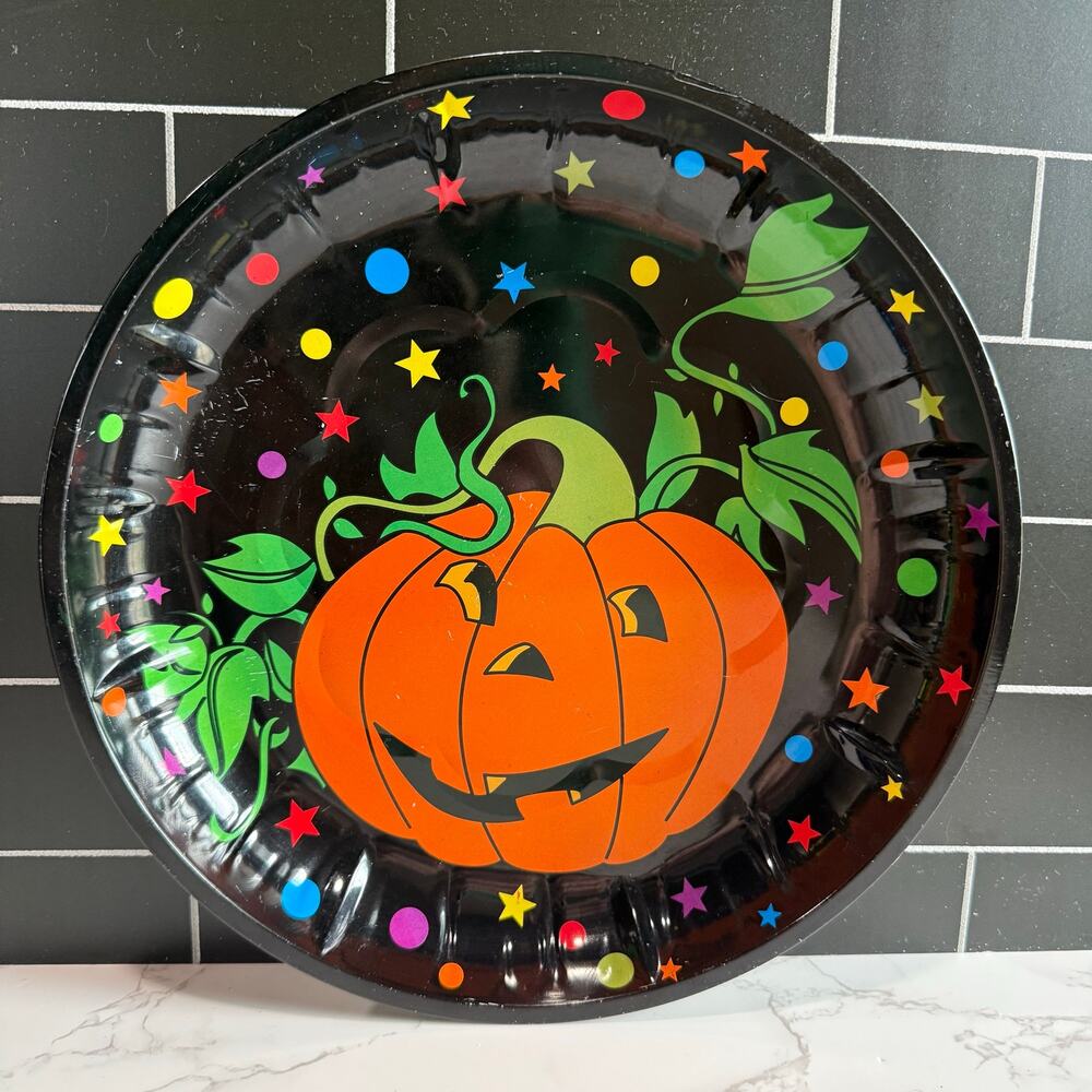 90s Vintage Halloween Pumpkin Tin Serving Tray Retro Metal